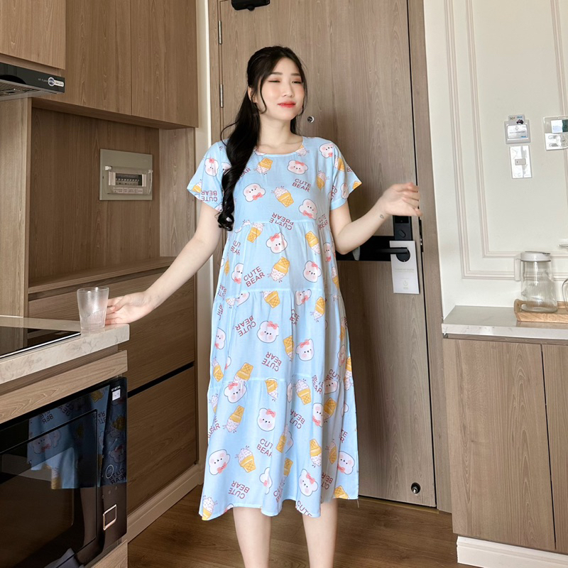 Đầm tôn 2 da thái bầu và sau sinh mặc nhà babydoll nhẹ mát -  Evermom