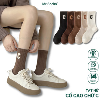 Tất vớ nữ cổ cao Mr.Socks thêu chữ C cao cấp, chất liệu cotton mềm mại thấm hút - PO-COCAO-C-3012-1DOI
