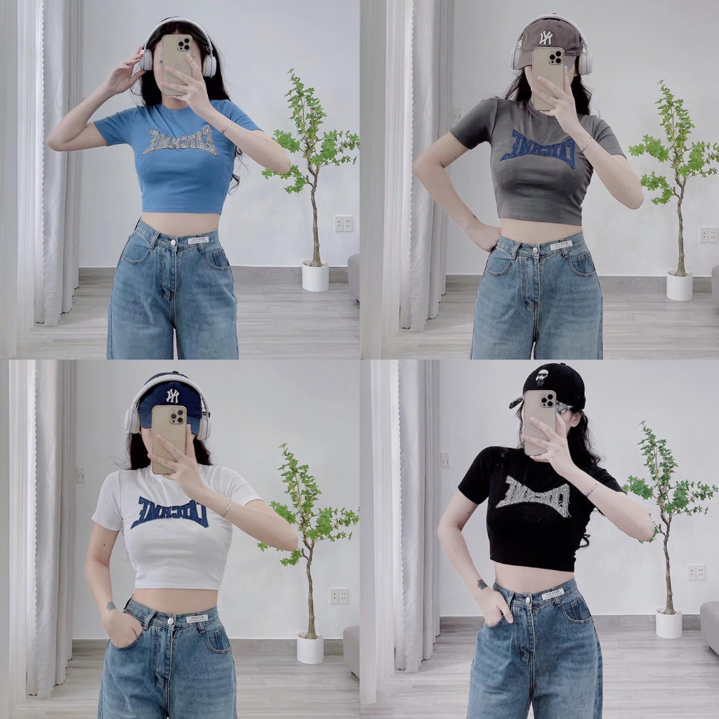 Áo thun croptop thêu chữ