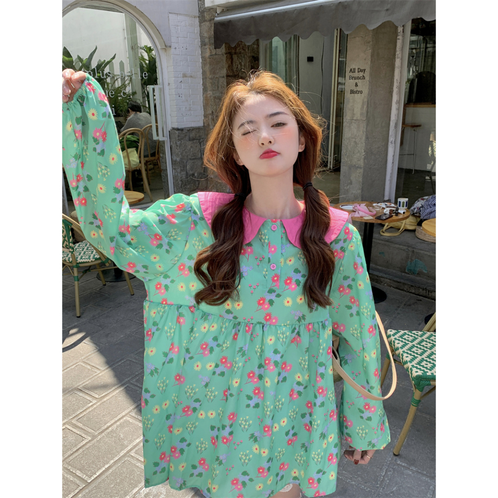 Váy hoa búp bê, dài tay cổ đức, màu xanh lá cây, xếp ly tay bồng, dáng babydoll CÓ SẴN free size