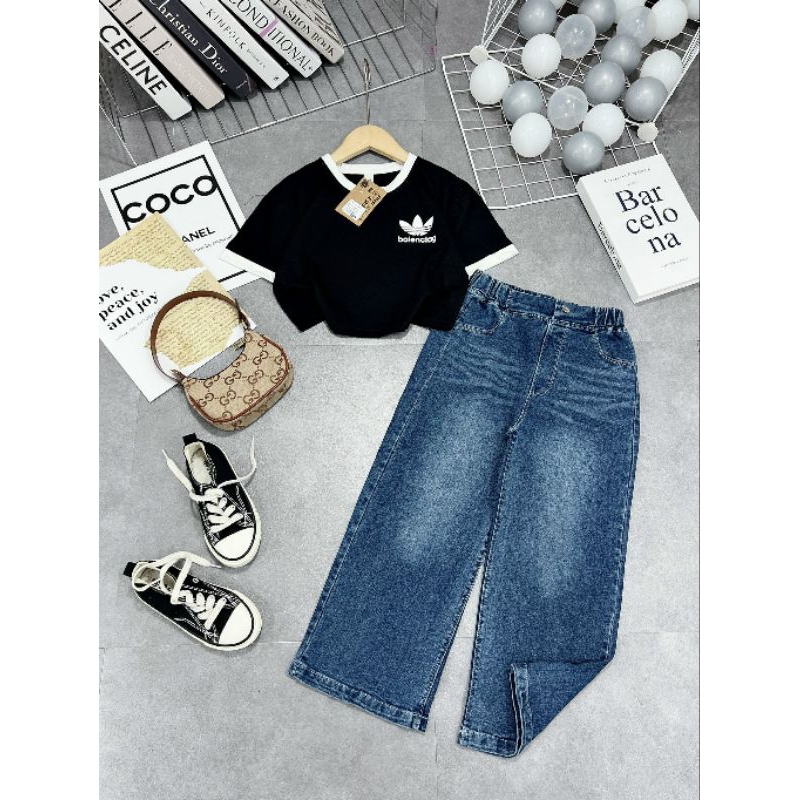 Bộ  áo cotton ce.lli.ng kèm quần xuông sành điều bé gái