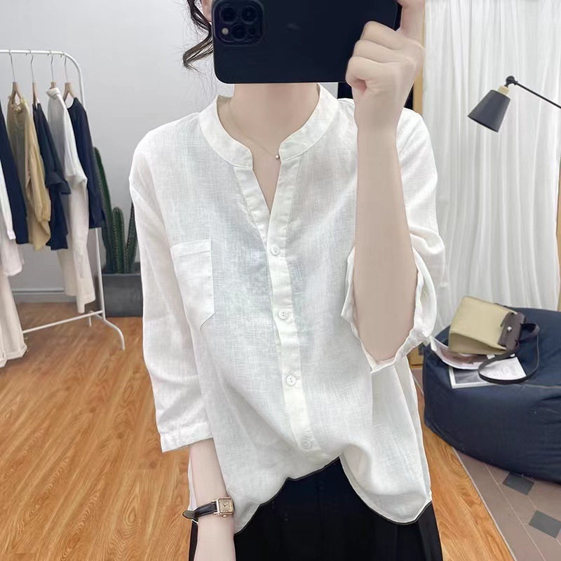 Áo đũi nữ cổ tàu tay lỡ đóng cúc, phong cách Hàn Quốc thanh lịch thời trang hè Đũi Việt DVSM200