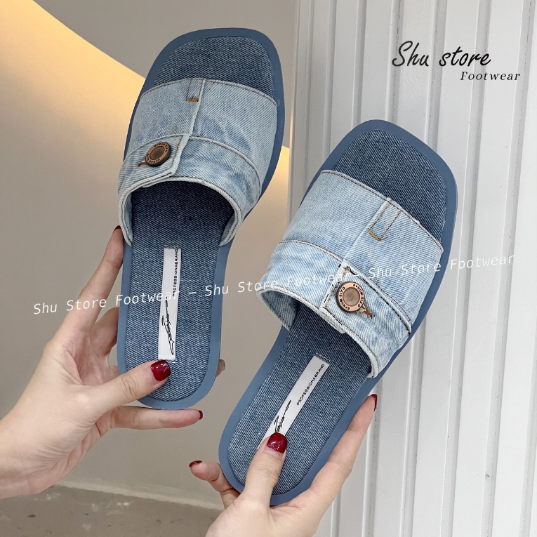 Shu Store | Dép lê bảng ngang khuy vải jean bò sẵn 2 màu đen xanh xinh xắn cho nàng