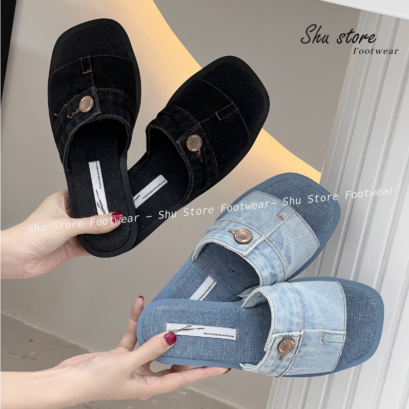 Shu Store | Dép lê bảng ngang khuy vải jean bò sẵn 2 màu đen xanh xinh xắn cho nàng