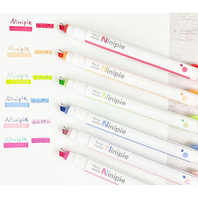 Bút Ninipie 2 Ngòi Bút Viết + Bút Đánh Dấu Highlight 2 Màu Pastel Siêu Xinh