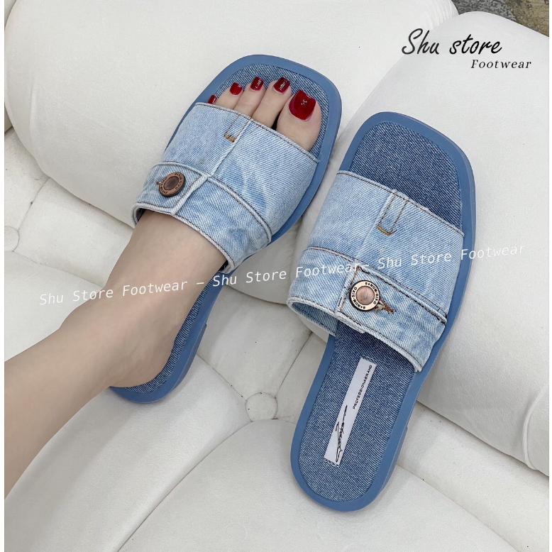 Shu Store | Dép lê bảng ngang khuy vải jean bò sẵn 2 màu đen xanh xinh xắn cho nàng
