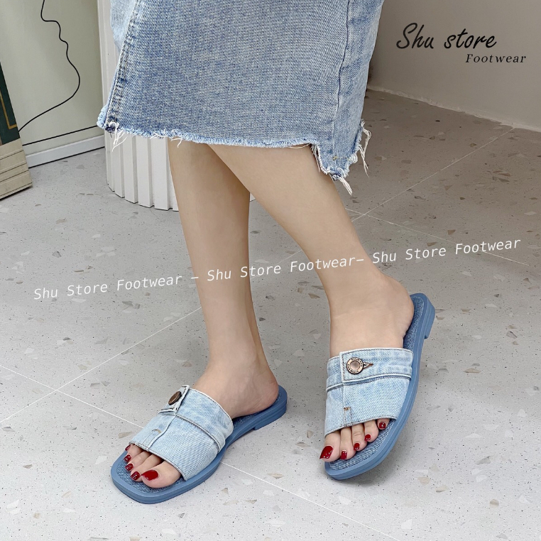 Shu Store | Dép lê bảng ngang khuy vải jean bò sẵn 2 màu đen xanh xinh xắn cho nàng