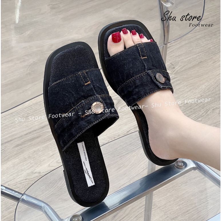 Shu Store | Dép lê bảng ngang khuy vải jean bò sẵn 2 màu đen xanh xinh xắn cho nàng
