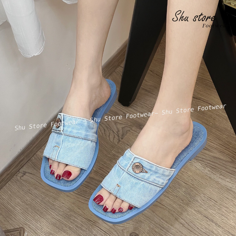 Shu Store | Dép lê bảng ngang khuy vải jean bò sẵn 2 màu đen xanh xinh xắn cho nàng