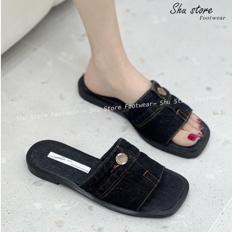 Shu Store | Dép lê bảng ngang khuy vải jean bò sẵn 2 màu đen xanh xinh xắn cho nàng