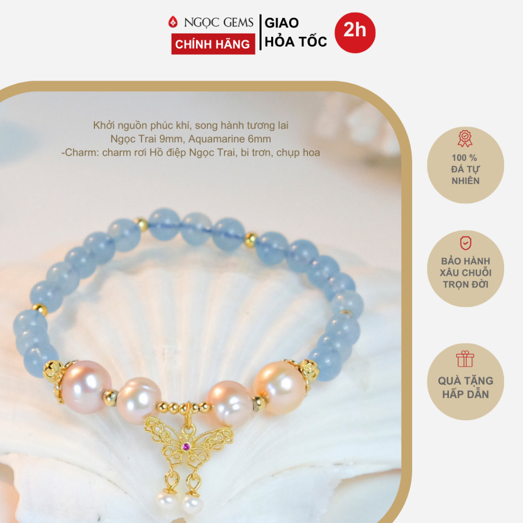 Vòng tay nữ Ngọc Trai Tứ Quý thiên nhiên - mix đá Aquamarine - mix Charm rơi Hồ Điệp Ngọc Trai thiên nhiên - Ngọc Gems