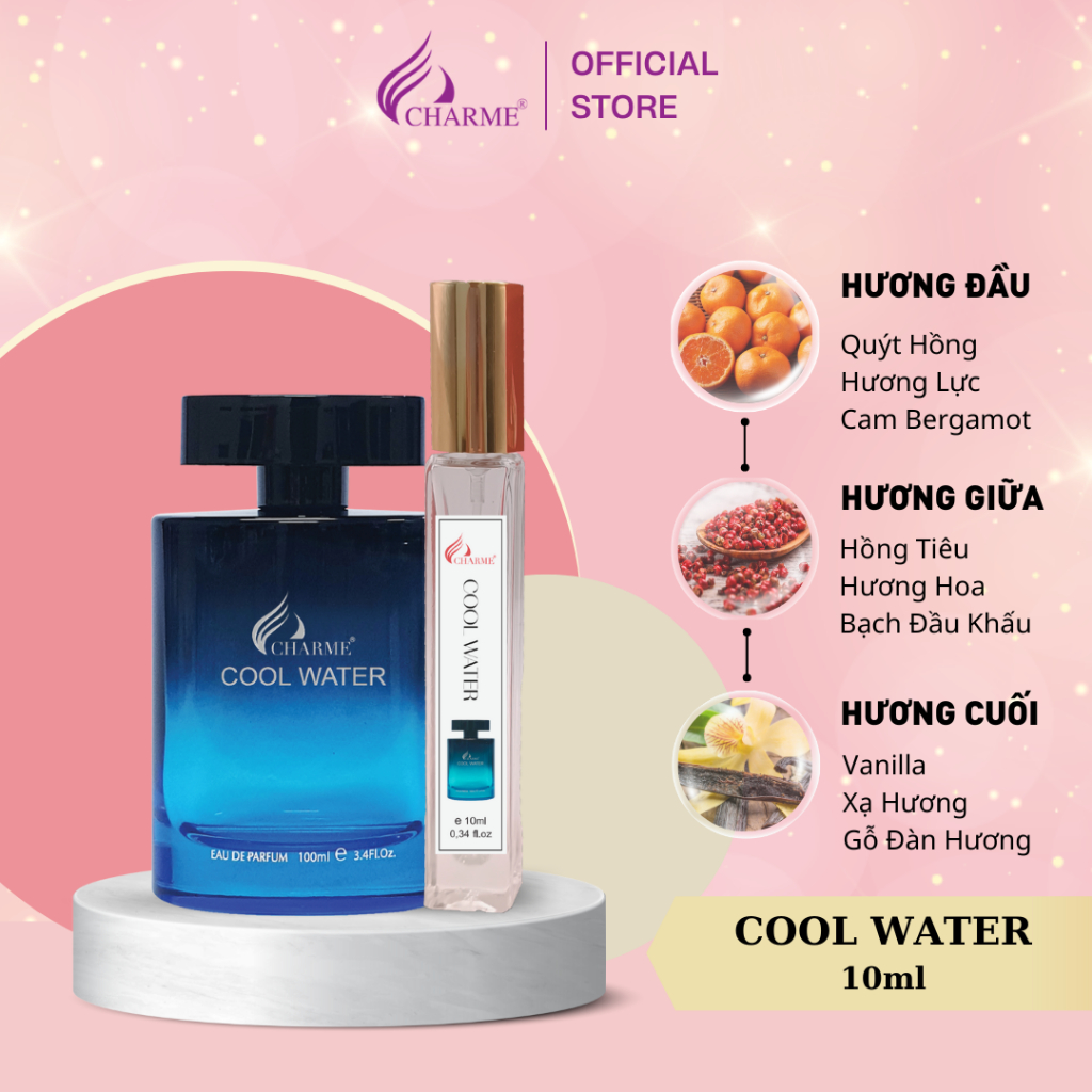 Nước hoa nam chính hãng, Charme Cool Water, chai Test mini, lưu hương lâu, hương thơm mạnh mẽ thanh lịch, 10ml