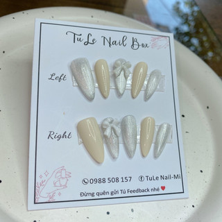 Nailbox móng tay giả Mắt mèo đính nơ tone màu trắng sữa
