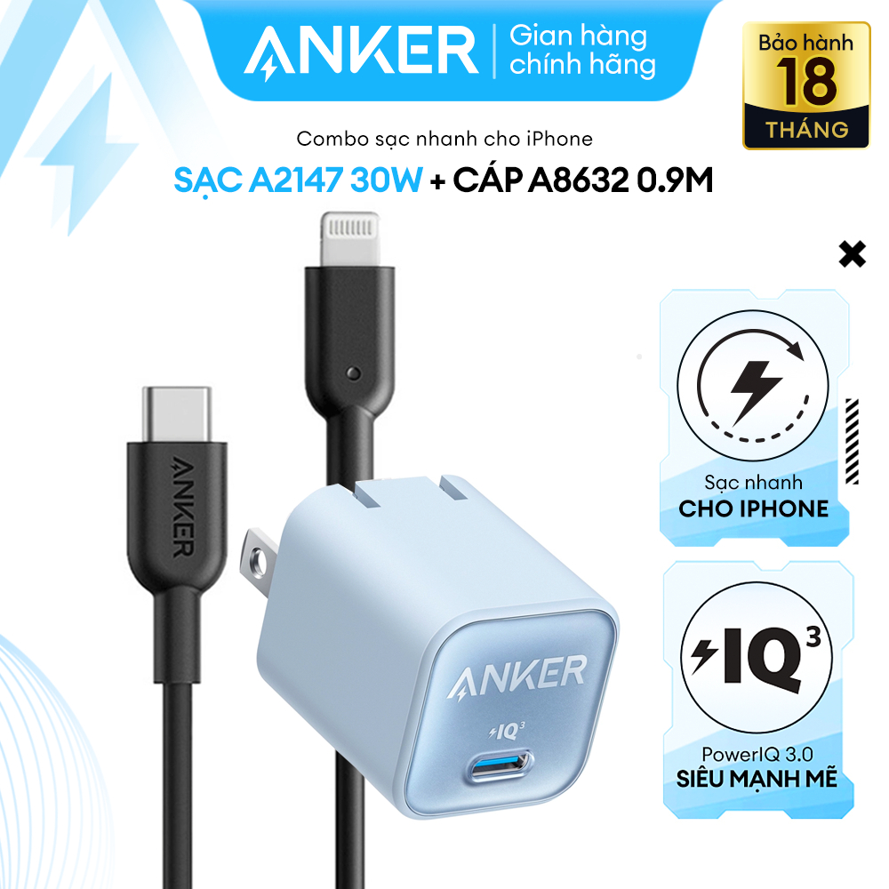 Combo Bộ Sạc Cáp Anker Sạc Nhanh Power IQ 3.0 30W Chuẩn MFI Dài 0.9m Cho iPhone 8 Trở Lên