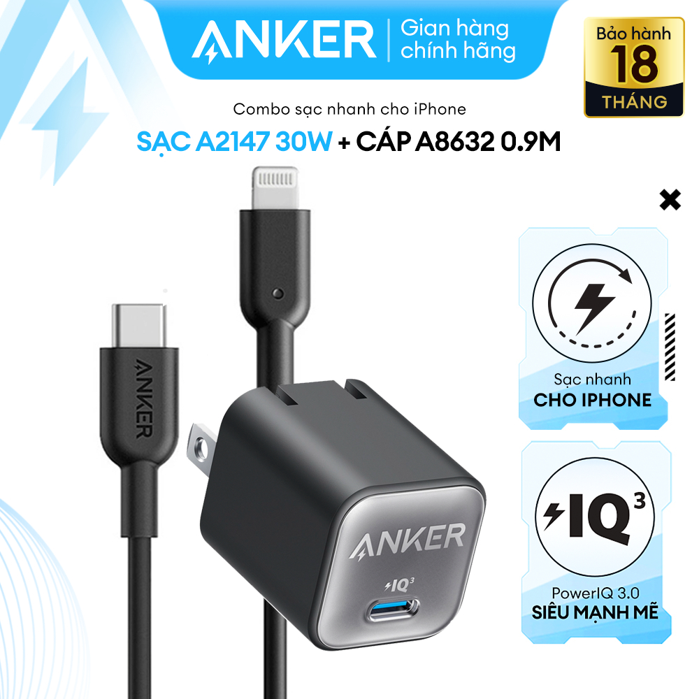 Combo Bộ Sạc Cáp Anker Sạc Nhanh Power IQ 3.0 30W Chuẩn MFI Dài 0.9m Cho iPhone 8 Trở Lên