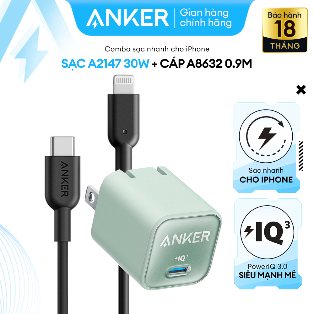 Combo Bộ Sạc Cáp Anker Sạc Nhanh Power IQ 3.0 30W Chuẩn MFI Dài 0.9m Cho iPhone 8 Trở Lên