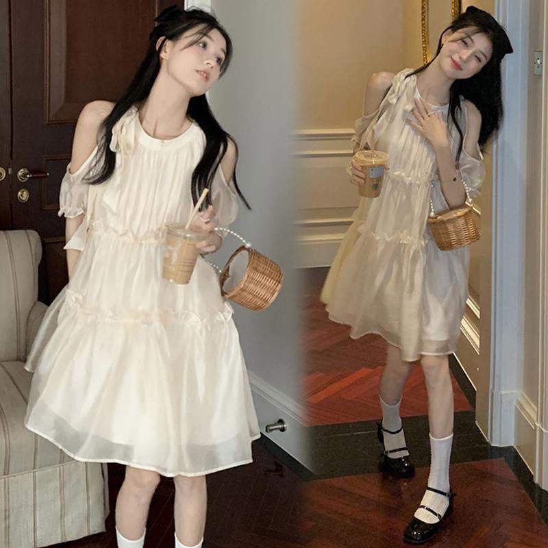 Đầm khoét vai dáng ngắn vải voan thắt nơ babydoll rộng rãi che khuyếtbđiểm 3 tầng công chúa phong cách tiểu thư