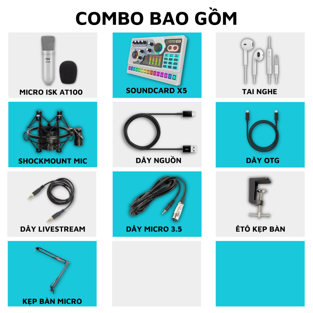 Mic Thu Âm | Micro Livestream Sound Card X5 & Mic ISK AT100 Hát Livestream Điện Thoại Chuyên Nghiệp, Bao Ngoc