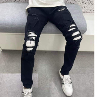 quần bò jean nam amiri đen rách gối vá da đẹp mẫu mới hot,chất jean co giãn bền màu form chuẩn