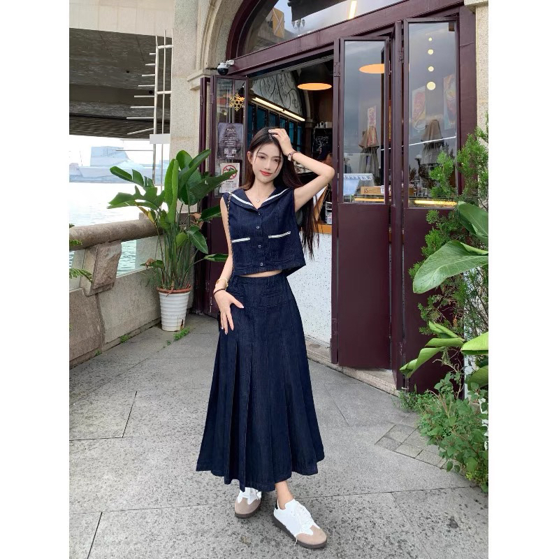 Set áo denim cộc tay cổ thuỷ thủ+chân váy denim dáng dài xếp li