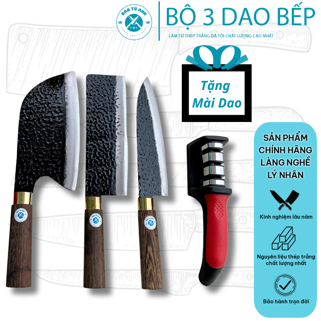 ❤️ Dao Tú Anh ❤️ Bộ 3 Dao Làm Bằng Thép Nhíp Ô Tô Dập Vân Đen Chống Dính 2 Mặt Cán Gỗ Mun Cao Cấp Tặng Kèm Mài Dao