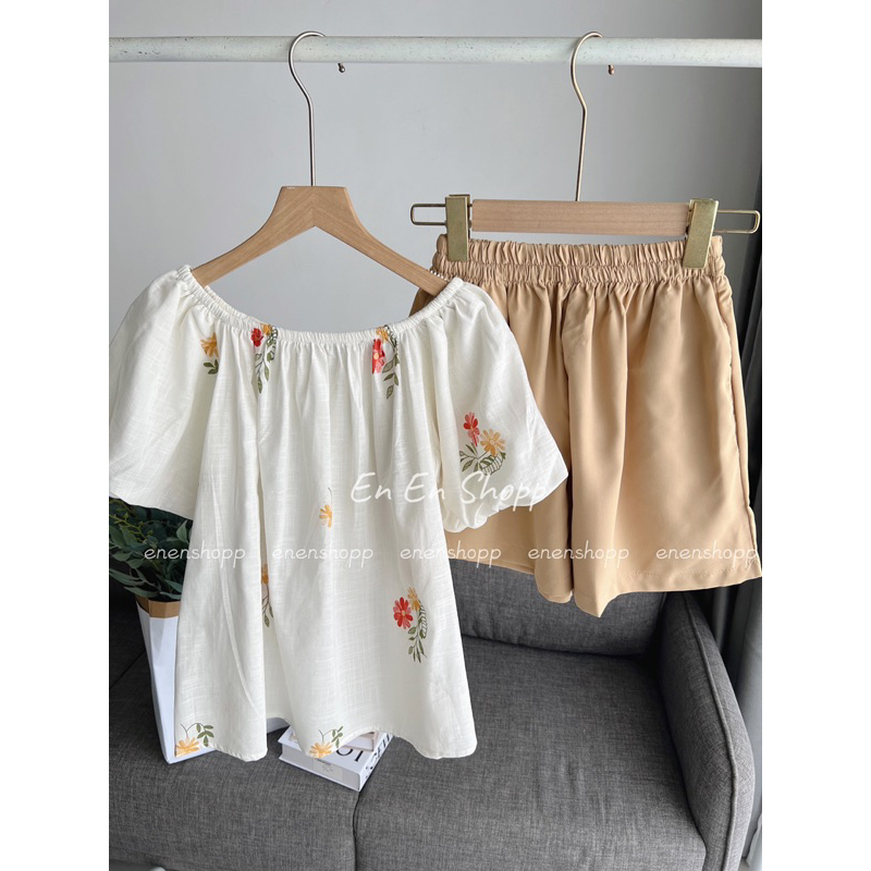 Set áo trễ vai hoa daisy + quần