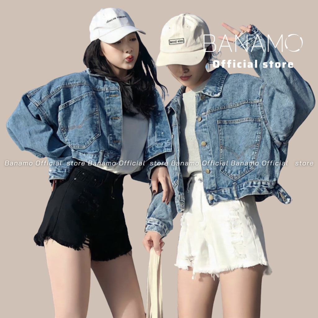 Áo khoác jean nữ Banamo Fashion áo bò dài tay trơn dáng croptop trơn khuy sau cá tính 363