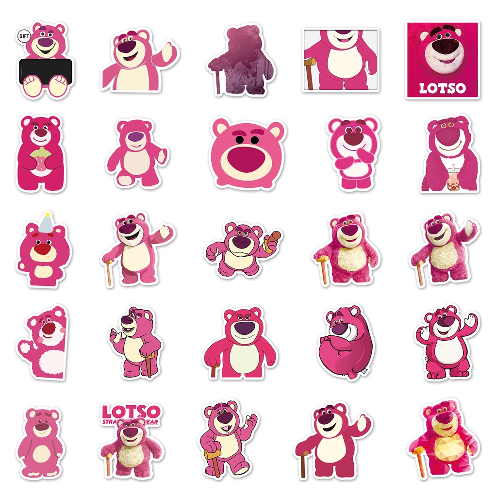 Set 10 / 50 Sticker Dán Trang Trí Xe Hơi, Đồ Vật Chống Thấm Nước Họa Tiết Hoạt Hình Toy Story Lotso - Gấu Dâu