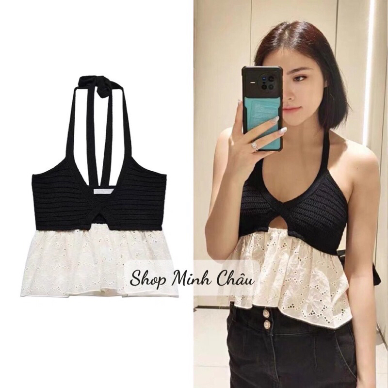 (Order) Áo yếm đen buộc cổ phối vải Zarrraa