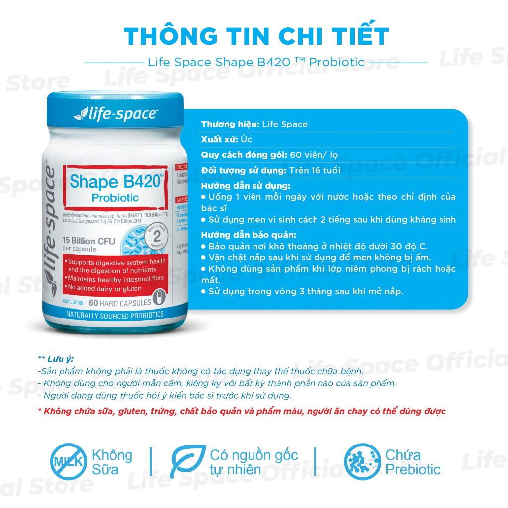 Men vi sinh hỗ trợ tiêu hóa và kiểm soát cân nặng 60 viên Life Space Shape B420 Probiotic