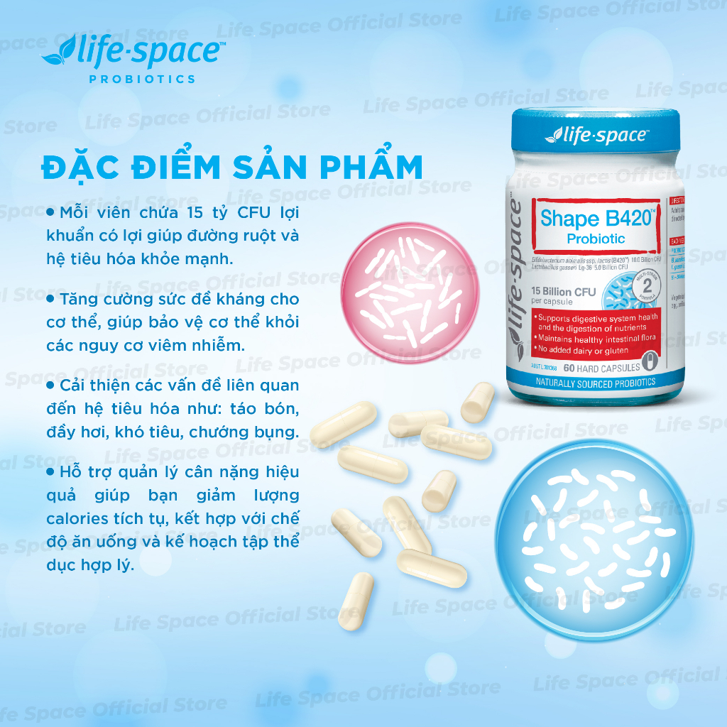 Men vi sinh hỗ trợ tiêu hóa và kiểm soát cân nặng Life Space Shape B420 Probiotic - 60 viên