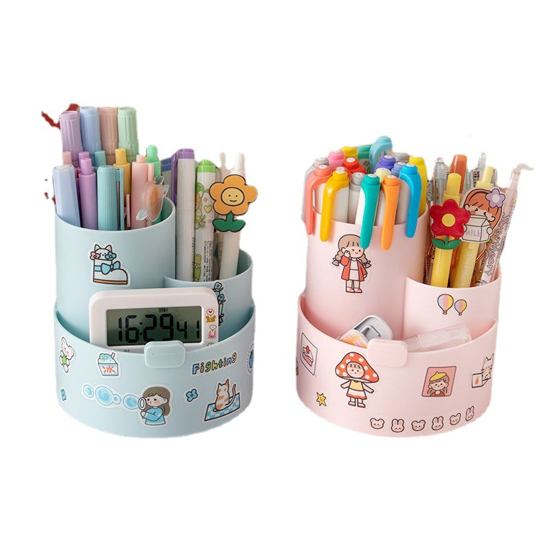 Hộp nhựa đựng bút, đựng cọ trang điểm đồ dùng cá nhân xoay 3 ngăn tặng kèm sticker