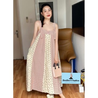Đầm hoa 2 dây phối kẻ hồng nữ tính
