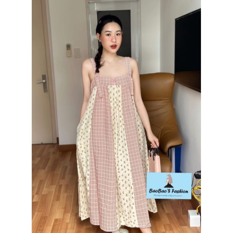 Đầm hoa 2 dây phối kẻ hồng nữ tính