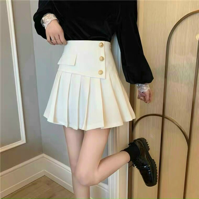 Chân váy xếp ly lưng cao đính 3 khuy lệch, Váy chất Tuyết Mưa cao cấp không nhăn không bai xù | BigBuy360 - bigbuy360.vn