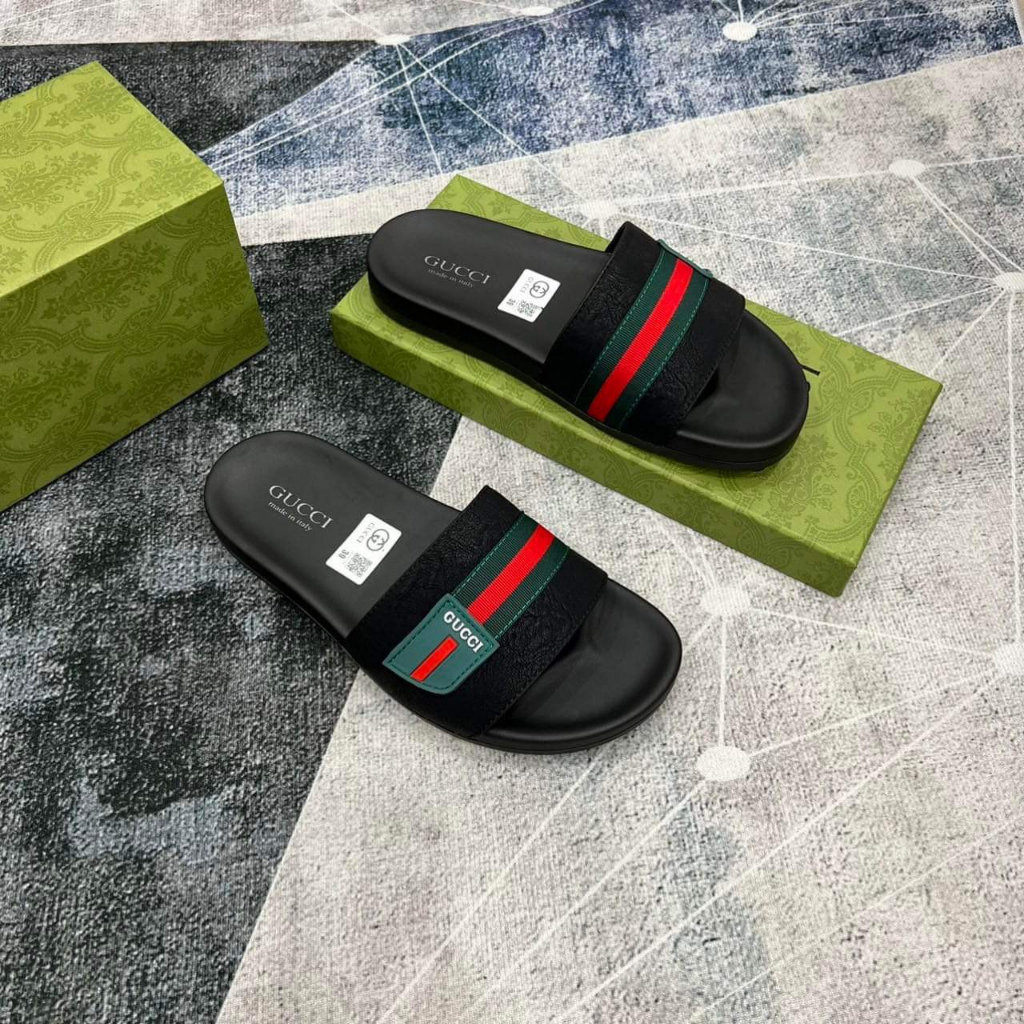 Dép nam GC, dép da nam cao cấp logo vàng thời thượng quý phái