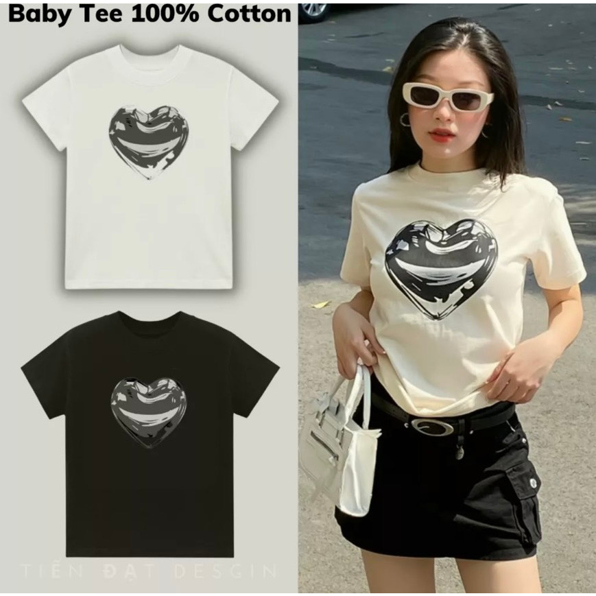 Áo baby tee thun nữ tin tim ngực 2 màu đen be cotton ngắn tay cổ tròn trơn mỏng vừa vặn minchuli 2023