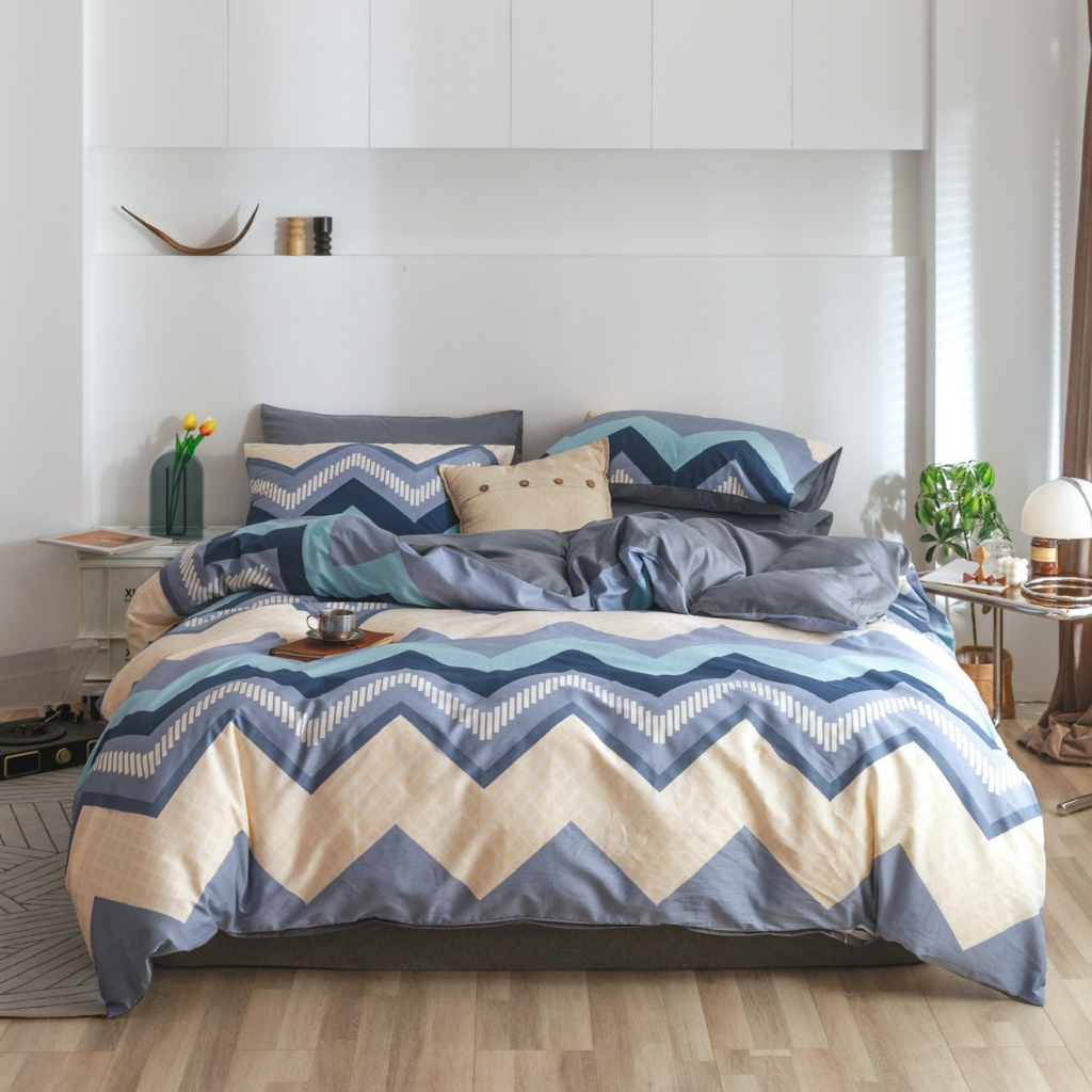 Bộ chăn ga gối mẫu kẻ Cotton Living 100% cotton hàng nhập khẩu cao cấp, thoáng mát, thấm hút mồ hôi