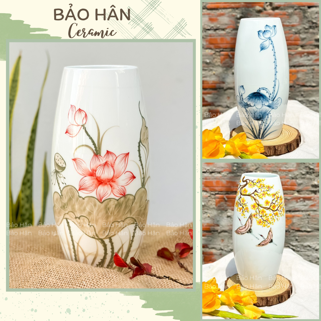 Bình Hoa Dáng Bom Hoạ Tiết Sen & Bồ Công Anh, Lọ Hoa Đẹp Decor Phòng - Gốm Sứ Bát Tràng