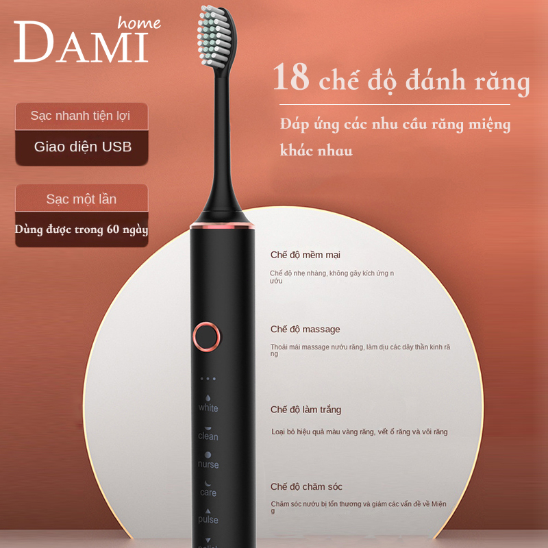 Bàn chải điện đa năng thông minh, máy đánh răng Sonic X-3 sóng âm tặng kèm 4 đầu thay thế BCD01