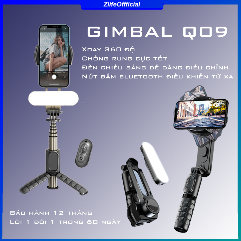 Gimbal Chống Rung Điện Thoại Tích Hợp Đèn Trợ Sáng 9 Cấp Độ - Gimbal Q09 3 Chân Kéo Dài, ĐIều Khiển Từ Xa Với Bluetooth