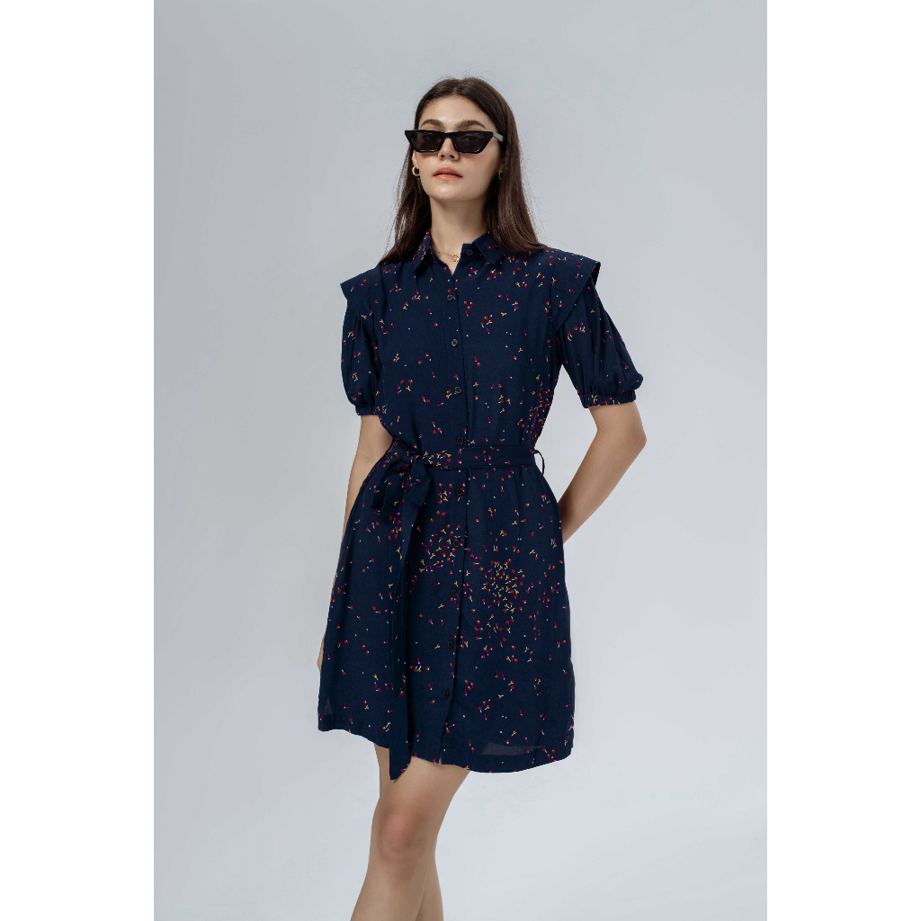 Đầm sơ mi Jade Dress màu xanh navy SAMPLE LONDON tay phồng, thoải mái mát mẻ, phù hợp dạo phố, đi làm