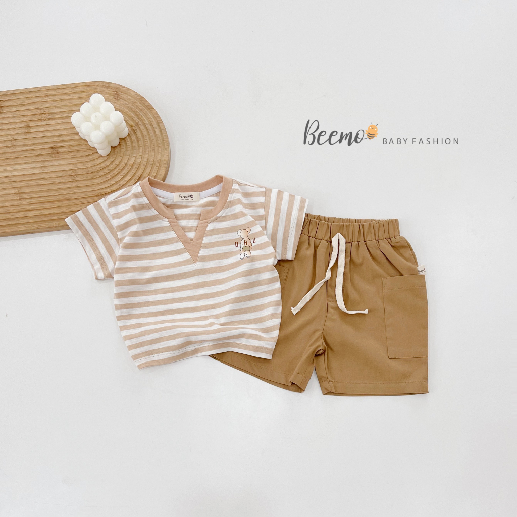 Set bộ quần áo bé trai Beemo cộc tay kẻ ngang phối cổ chữ V chất liệu cotton mặc đi học, đi chơi từ 1 - 7 tuổi 22361B