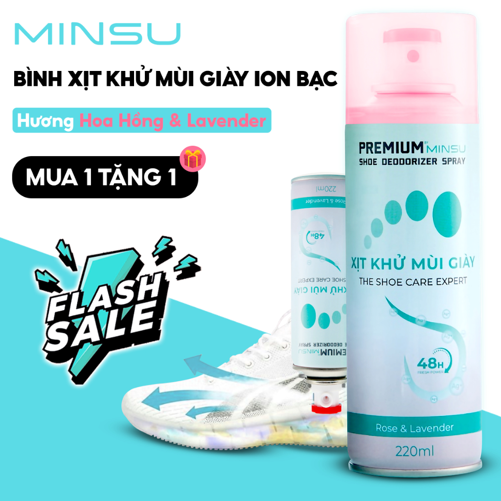 Chai xịt khử mùi hôi giày dép Minsu hương Rose Nano bạc 1 lọ 220ml, bình sịt làm hết mùi tủ giày, tất vớ chân, quần áo.