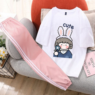 Sét Bộ Đồ Quần Áo Thời Trang Nữ Hè, Áo Cotton In 3D Hoạt Hình Kèm Quần Thun Sọc Bo Gấu Mặc Đi Chơi Phong Cách Hàn Quốc