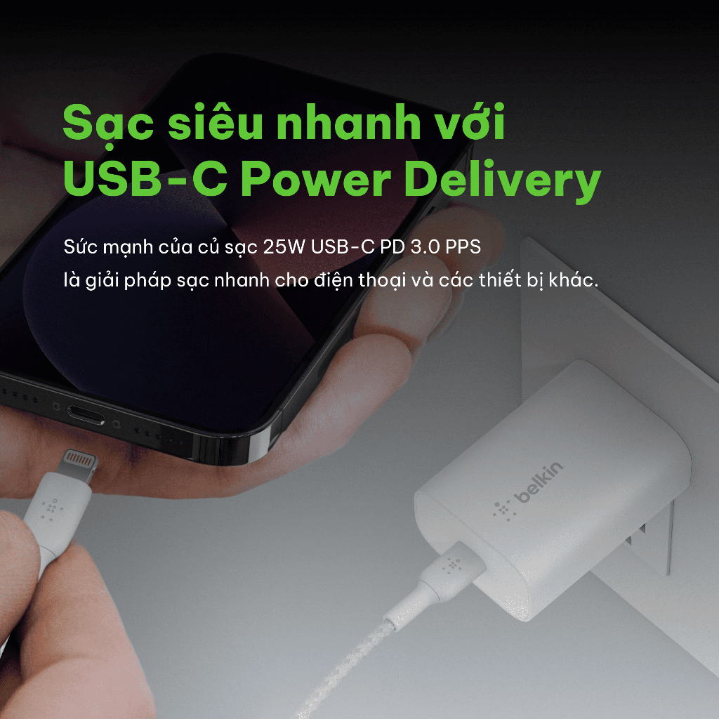 Adapter sạc nhanh Belkin BOOST↑CHARGE™ 25W USB-C PD PPS WCA004 (tương thích iPhone 15)