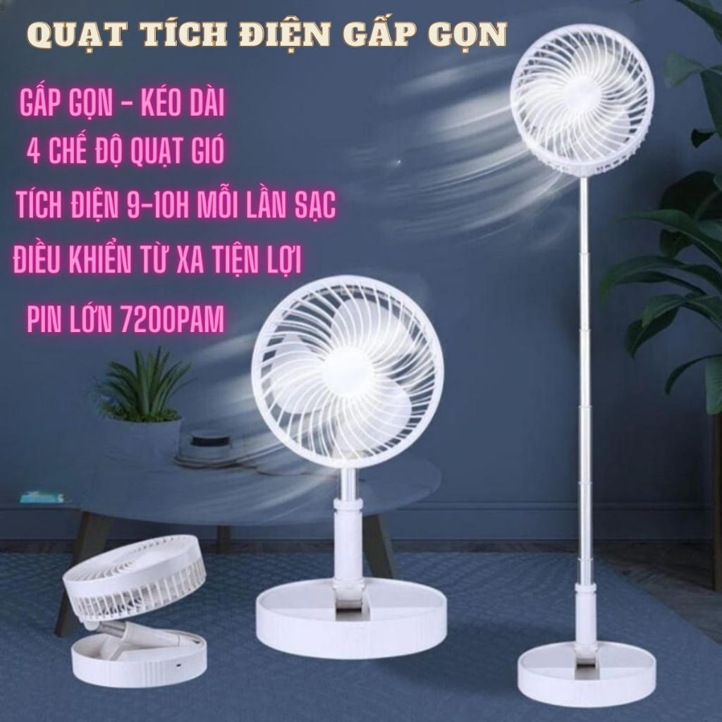 Quạt tích điện dùng 10-12H, Quạt cây tích điện gấp gọn kéo dài phun sương, Điều khiển từ xa, 4 chế độ gió, Xoay 360 Độ