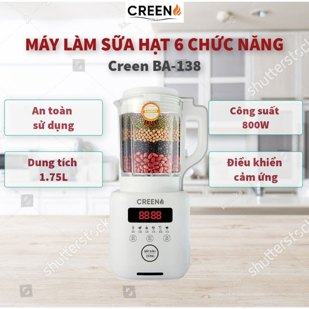 Máy Làm Sữa Hạt Đa Năng Creen BA-138 Plus dung tích 1.75L, Công Suất 1600W, Bộ Giảm Âm Thông Minh (Chính Hãng, BH 24th