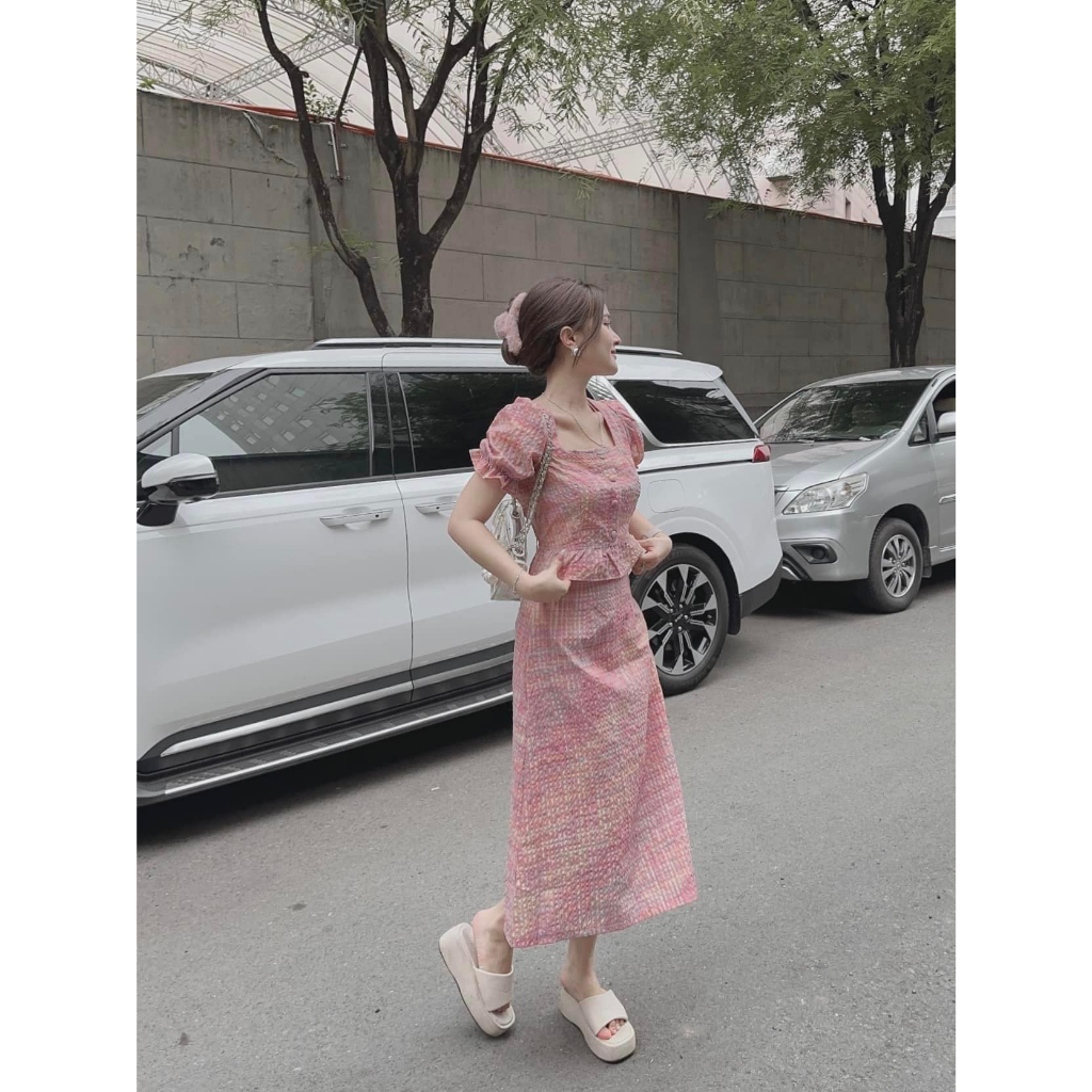 Set chân váy dài kate xốp áo crop nút bọc caro hồng phong cách tiểu thư hottrend CHIBEST HSC62