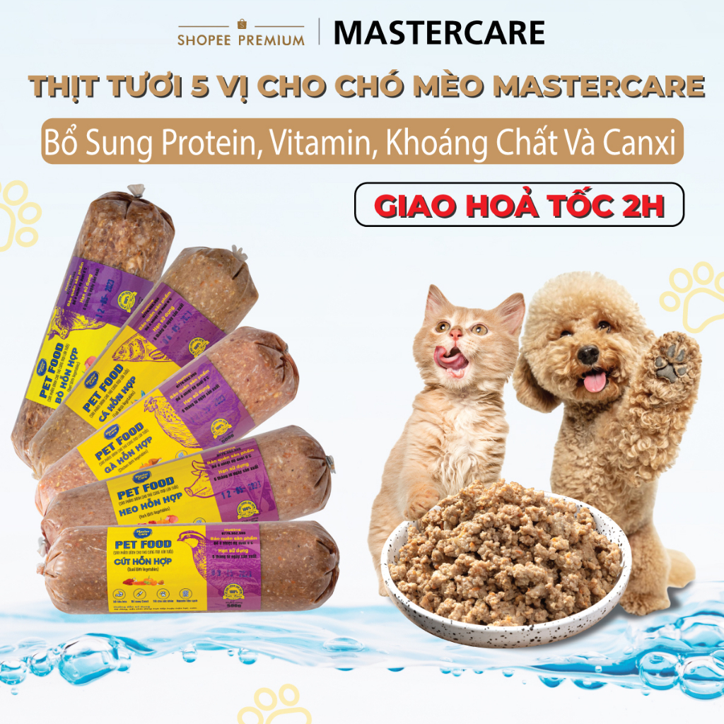 Thức Ăn Cho Chó Mèo MASTERCARE FOR PET Thịt Tươi Combo Vip 5 Đủ 5 Vị Thức Ăn Cho Chó Heo, Gà, Bò, Cá, Cút 500G